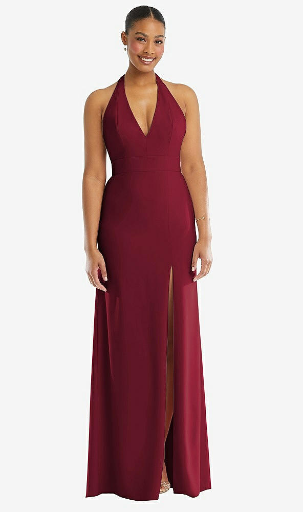 Front View - Burgundy Plunge Neck Halter Backless Trumpet Gown with Front Slit