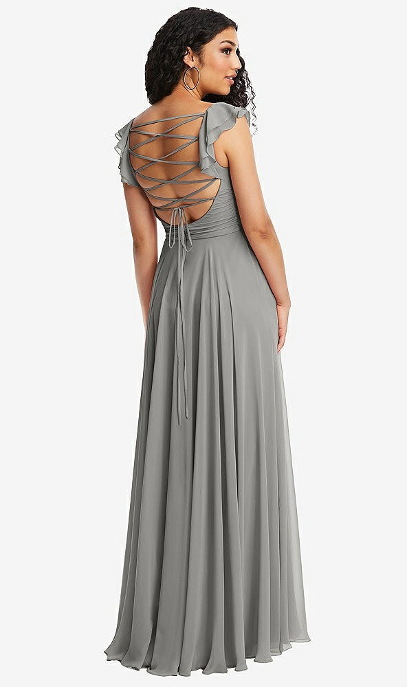 Front View - Chelsea Gray Shirred Cross Bodice Lace Up Open-Back Maxi Dress with Flutter Sleeves