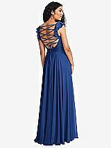 Front View Thumbnail - Classic Blue Shirred Cross Bodice Lace Up Open-Back Maxi Dress with Flutter Sleeves