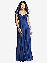 Rear View Thumbnail - Classic Blue Shirred Cross Bodice Lace Up Open-Back Maxi Dress with Flutter Sleeves