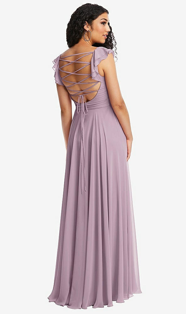 Front View - Suede Rose Shirred Cross Bodice Lace Up Open-Back Maxi Dress with Flutter Sleeves