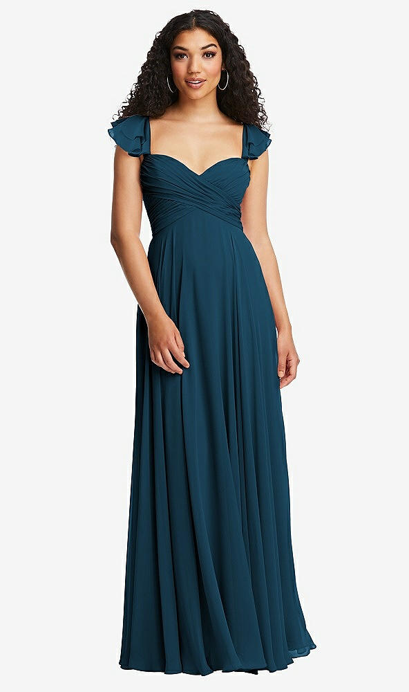 Back View - Atlantic Blue Shirred Cross Bodice Lace Up Open-Back Maxi Dress with Flutter Sleeves
