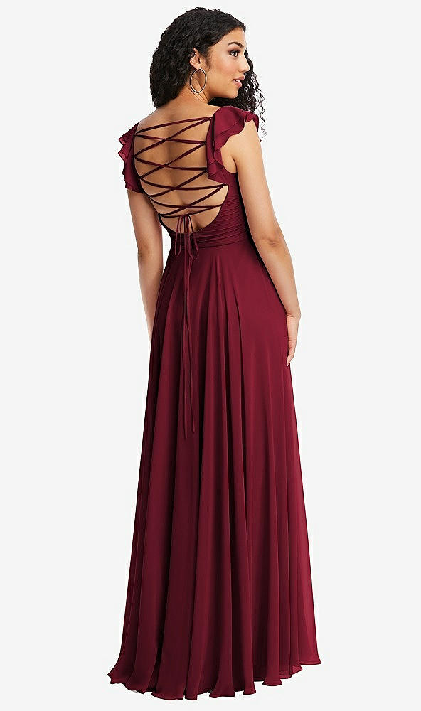 Front View - Burgundy Shirred Cross Bodice Lace Up Open-Back Maxi Dress with Flutter Sleeves