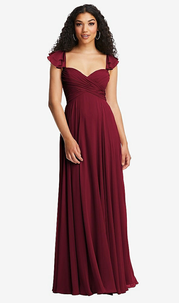 Back View - Burgundy Shirred Cross Bodice Lace Up Open-Back Maxi Dress with Flutter Sleeves