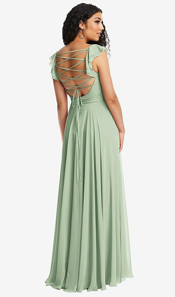 Front View - Celadon Shirred Cross Bodice Lace Up Open-Back Maxi Dress with Flutter Sleeves