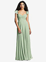 Rear View Thumbnail - Celadon Shirred Cross Bodice Lace Up Open-Back Maxi Dress with Flutter Sleeves