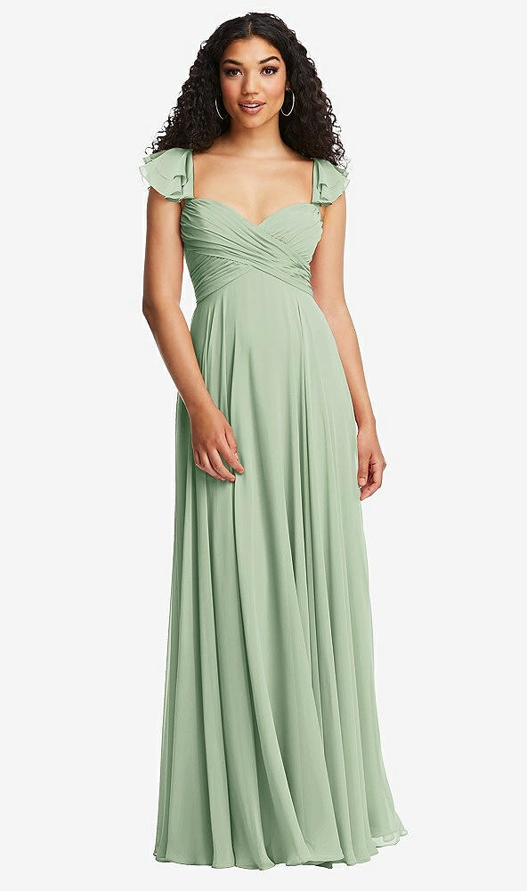 Back View - Celadon Shirred Cross Bodice Lace Up Open-Back Maxi Dress with Flutter Sleeves