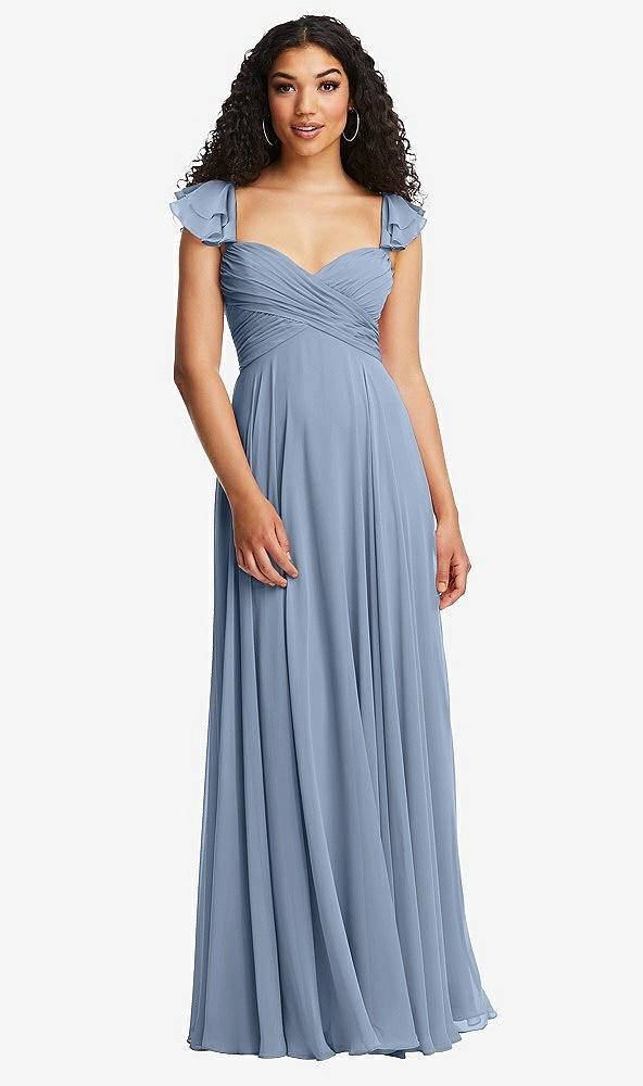 Back View - Cloudy Shirred Cross Bodice Lace Up Open-Back Maxi Dress with Flutter Sleeves