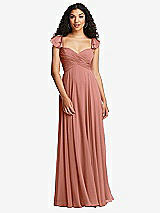 Rear View Thumbnail - Desert Rose Shirred Cross Bodice Lace Up Open-Back Maxi Dress with Flutter Sleeves