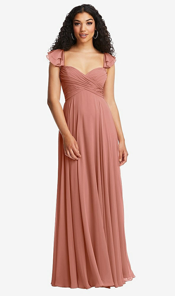 Back View - Desert Rose Shirred Cross Bodice Lace Up Open-Back Maxi Dress with Flutter Sleeves