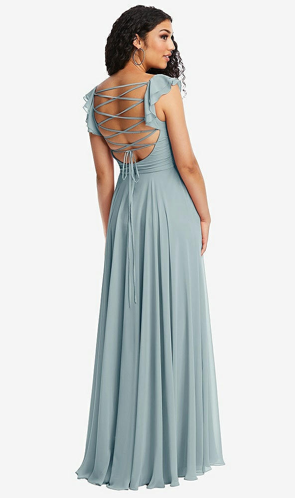 Front View - Morning Sky Shirred Cross Bodice Lace Up Open-Back Maxi Dress with Flutter Sleeves