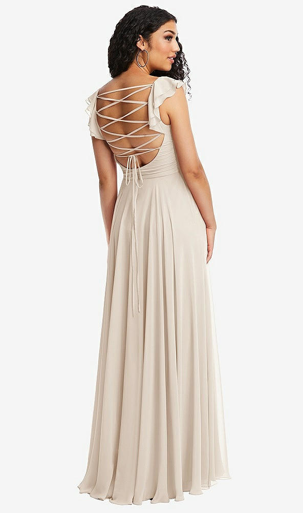 Front View - Oat Shirred Cross Bodice Lace Up Open-Back Maxi Dress with Flutter Sleeves