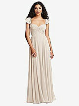 Rear View Thumbnail - Oat Shirred Cross Bodice Lace Up Open-Back Maxi Dress with Flutter Sleeves