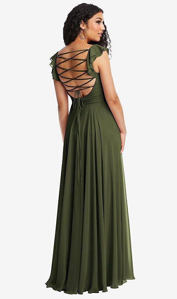 Front View - Olive Green Shirred Cross Bodice Lace Up Open-Back Maxi Dress with Flutter Sleeves