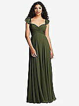 Rear View Thumbnail - Olive Green Shirred Cross Bodice Lace Up Open-Back Maxi Dress with Flutter Sleeves