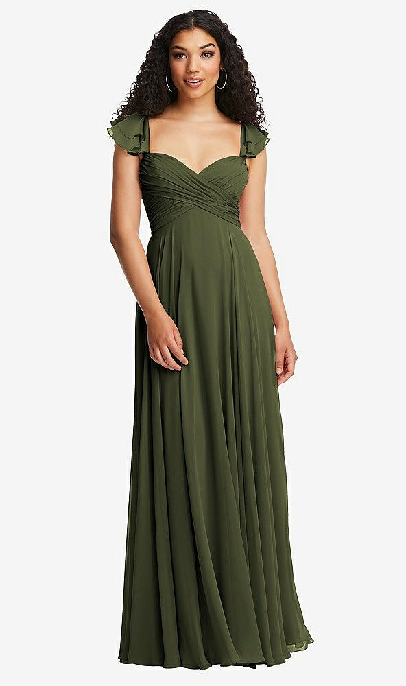 Back View - Olive Green Shirred Cross Bodice Lace Up Open-Back Maxi Dress with Flutter Sleeves