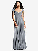 Rear View Thumbnail - Platinum Shirred Cross Bodice Lace Up Open-Back Maxi Dress with Flutter Sleeves