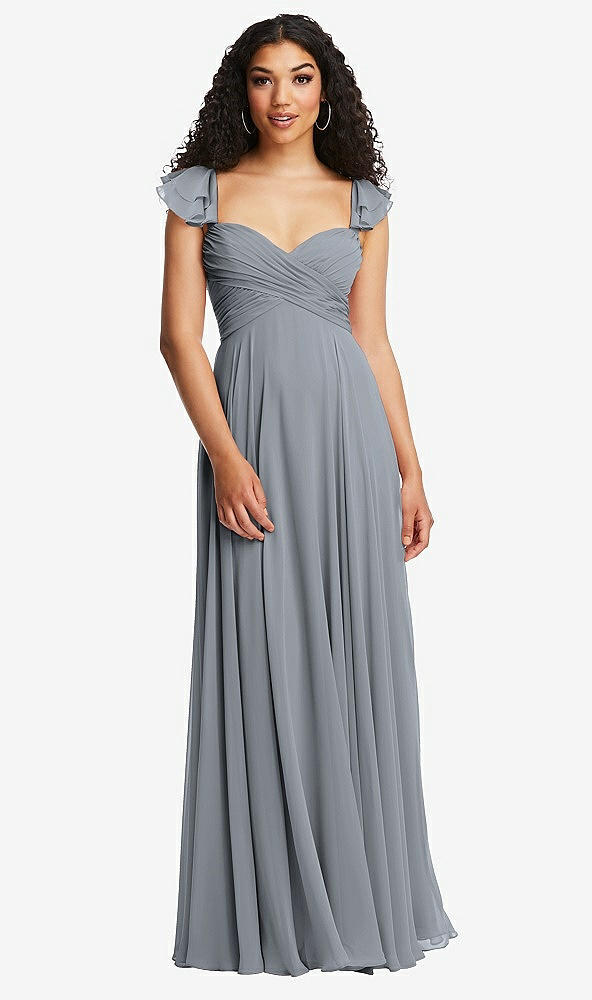 Back View - Platinum Shirred Cross Bodice Lace Up Open-Back Maxi Dress with Flutter Sleeves