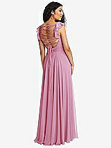 Front View Thumbnail - Powder Pink Shirred Cross Bodice Lace Up Open-Back Maxi Dress with Flutter Sleeves