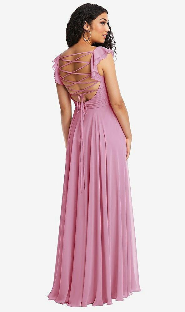 Front View - Powder Pink Shirred Cross Bodice Lace Up Open-Back Maxi Dress with Flutter Sleeves