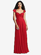 Rear View Thumbnail - Parisian Red Shirred Cross Bodice Lace Up Open-Back Maxi Dress with Flutter Sleeves