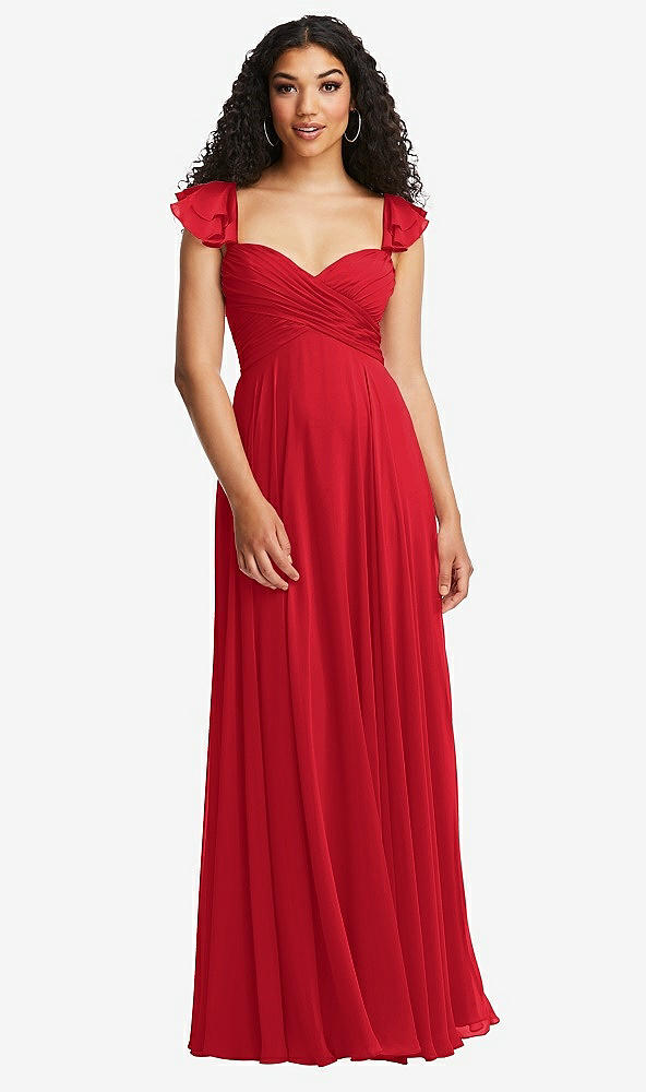 Back View - Parisian Red Shirred Cross Bodice Lace Up Open-Back Maxi Dress with Flutter Sleeves