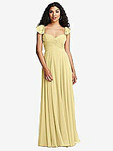 Rear View Thumbnail - Pale Yellow Shirred Cross Bodice Lace Up Open-Back Maxi Dress with Flutter Sleeves