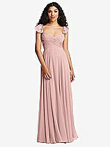 Rear View Thumbnail - Rose - PANTONE Rose Quartz Shirred Cross Bodice Lace Up Open-Back Maxi Dress with Flutter Sleeves