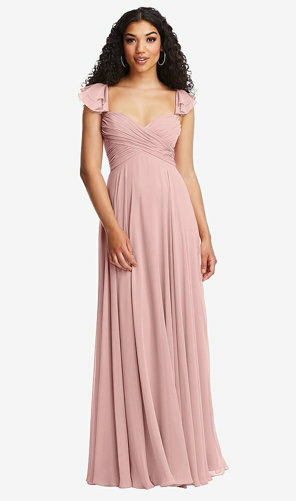 Back View - Rose - PANTONE Rose Quartz Shirred Cross Bodice Lace Up Open-Back Maxi Dress with Flutter Sleeves