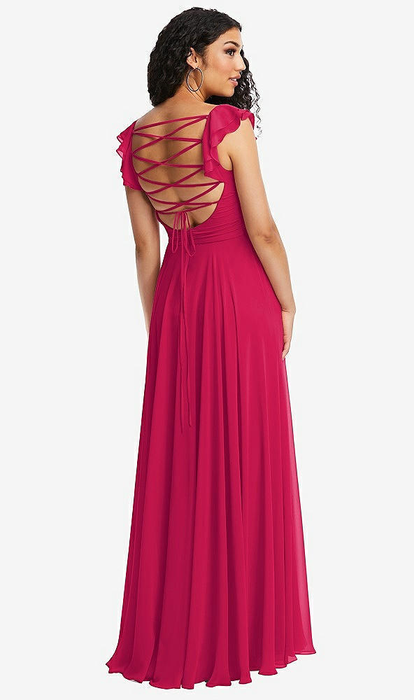 Front View - Vivid Pink Shirred Cross Bodice Lace Up Open-Back Maxi Dress with Flutter Sleeves