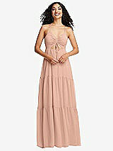 Front View Thumbnail - Pale Peach Drawstring Bodice Gathered Tie Open-Back Maxi Dress with Tiered Skirt