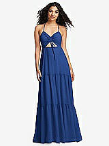 Alt View 2 Thumbnail - Classic Blue Drawstring Bodice Gathered Tie Open-Back Maxi Dress with Tiered Skirt
