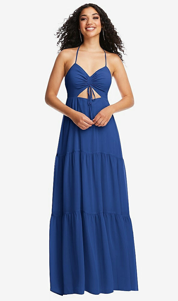 Front View - Classic Blue Drawstring Bodice Gathered Tie Open-Back Maxi Dress with Tiered Skirt