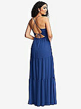 Rear View Thumbnail - Classic Blue Drawstring Bodice Gathered Tie Open-Back Maxi Dress with Tiered Skirt