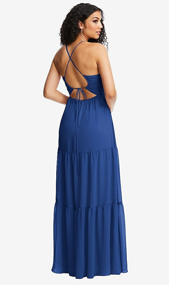Back View - Classic Blue Drawstring Bodice Gathered Tie Open-Back Maxi Dress with Tiered Skirt