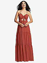 Front View Thumbnail - Amber Sunset Drawstring Bodice Gathered Tie Open-Back Maxi Dress with Tiered Skirt