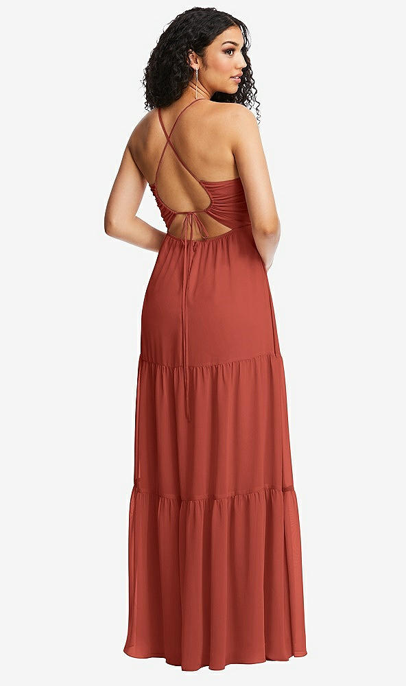Back View - Amber Sunset Drawstring Bodice Gathered Tie Open-Back Maxi Dress with Tiered Skirt