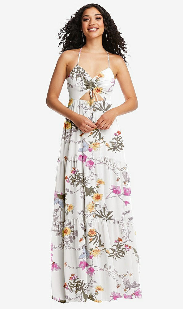 Front View - Butterfly Botanica Ivory Drawstring Bodice Gathered Tie Open-Back Maxi Dress with Tiered Skirt