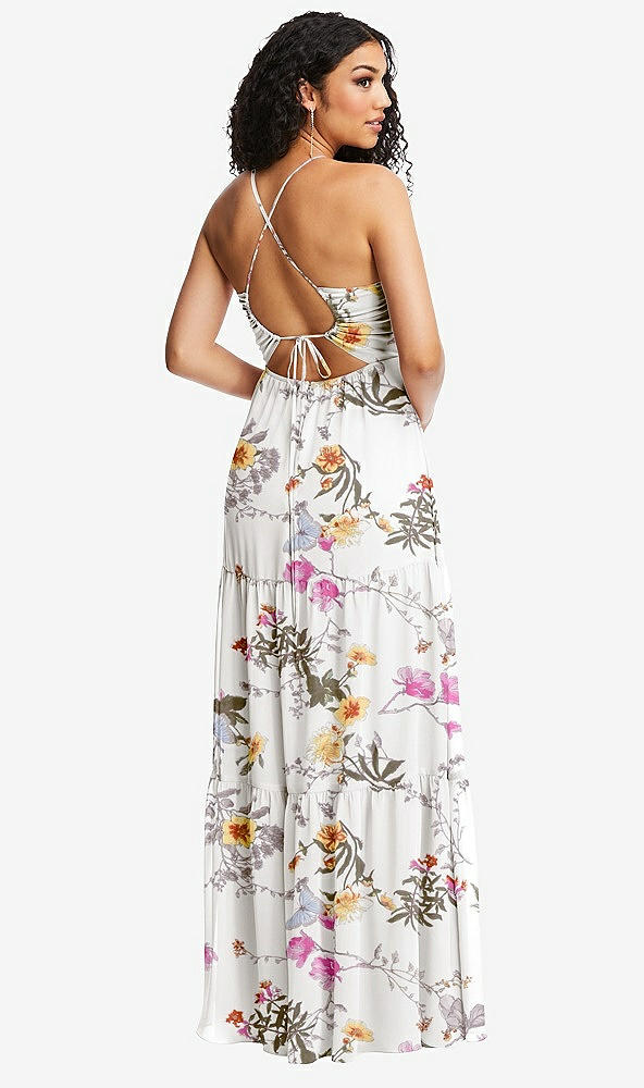 Back View - Butterfly Botanica Ivory Drawstring Bodice Gathered Tie Open-Back Maxi Dress with Tiered Skirt