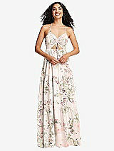 Front View Thumbnail - Blush Garden Drawstring Bodice Gathered Tie Open-Back Maxi Dress with Tiered Skirt