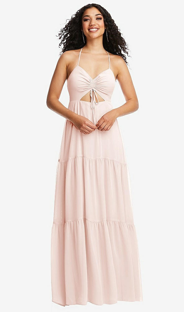 Front View - Blush Drawstring Bodice Gathered Tie Open-Back Maxi Dress with Tiered Skirt