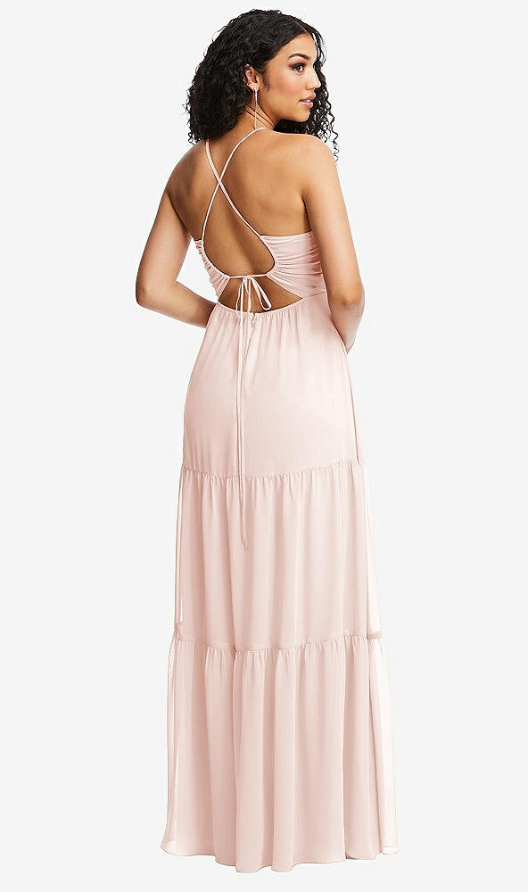 Back View - Blush Drawstring Bodice Gathered Tie Open-Back Maxi Dress with Tiered Skirt