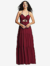Front View Thumbnail - Burgundy Drawstring Bodice Gathered Tie Open-Back Maxi Dress with Tiered Skirt