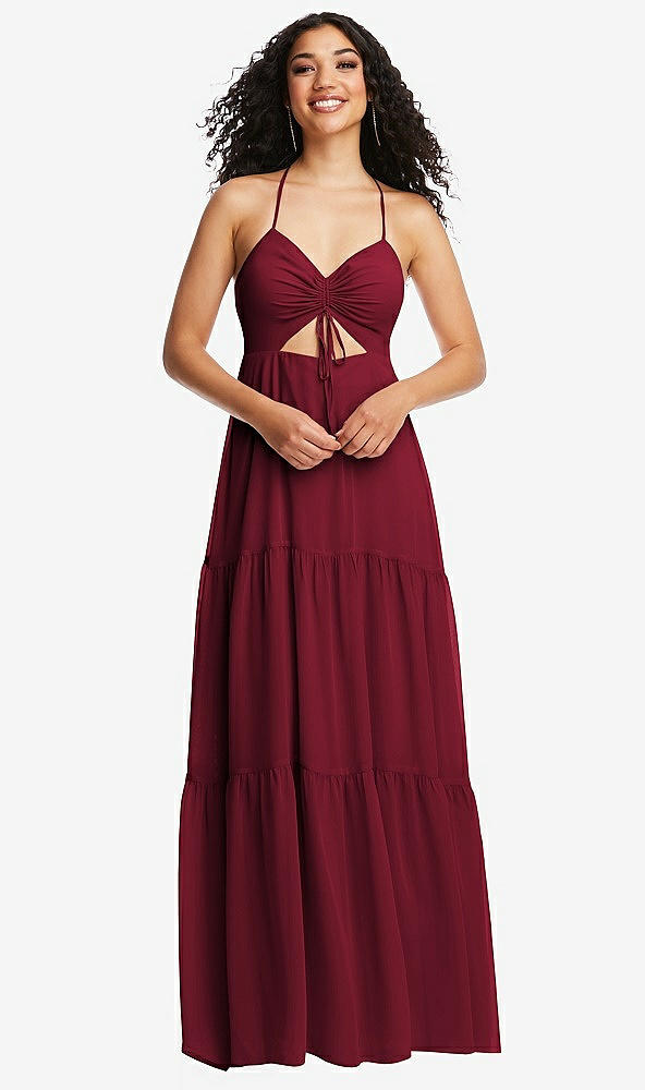 Front View - Burgundy Drawstring Bodice Gathered Tie Open-Back Maxi Dress with Tiered Skirt