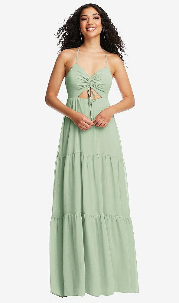 Front View - Celadon Drawstring Bodice Gathered Tie Open-Back Maxi Dress with Tiered Skirt