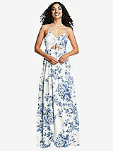 Front View Thumbnail - Cottage Rose Dusk Blue Drawstring Bodice Gathered Tie Open-Back Maxi Dress with Tiered Skirt