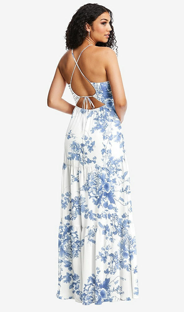 Back View - Cottage Rose Dusk Blue Drawstring Bodice Gathered Tie Open-Back Maxi Dress with Tiered Skirt