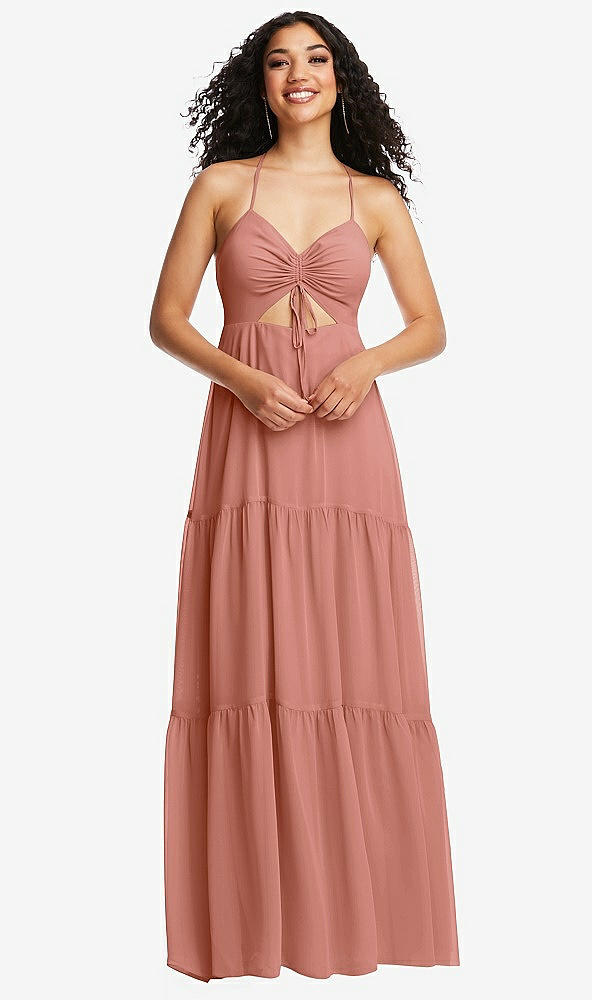 Front View - Desert Rose Drawstring Bodice Gathered Tie Open-Back Maxi Dress with Tiered Skirt