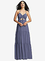 Front View Thumbnail - French Blue Drawstring Bodice Gathered Tie Open-Back Maxi Dress with Tiered Skirt