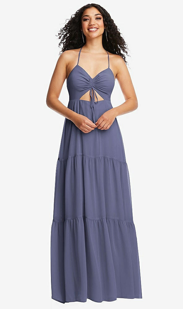 Front View - French Blue Drawstring Bodice Gathered Tie Open-Back Maxi Dress with Tiered Skirt